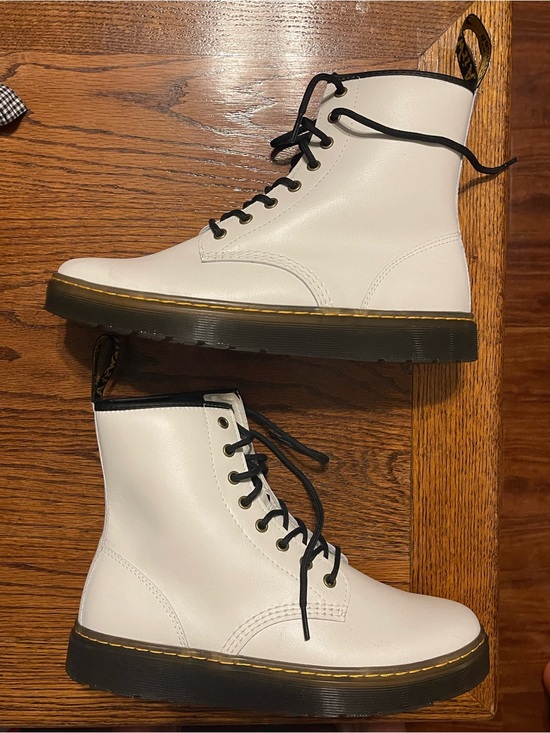 Dr. Martens Shoes - Dr. Martens White Leather Boots with Black Trim and Yellow Pull Tab